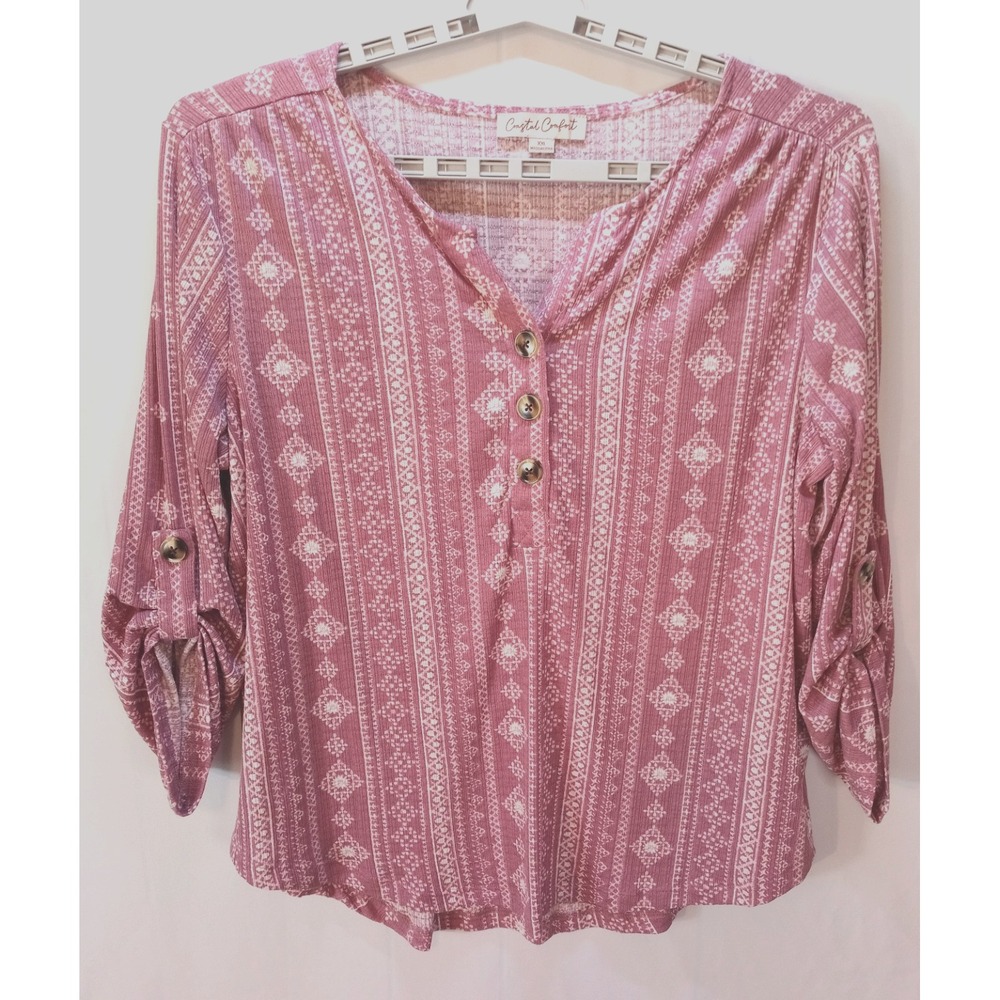 Coastal Comfort Women's Boho Roll Tab Tunic Top, XXL, Pink